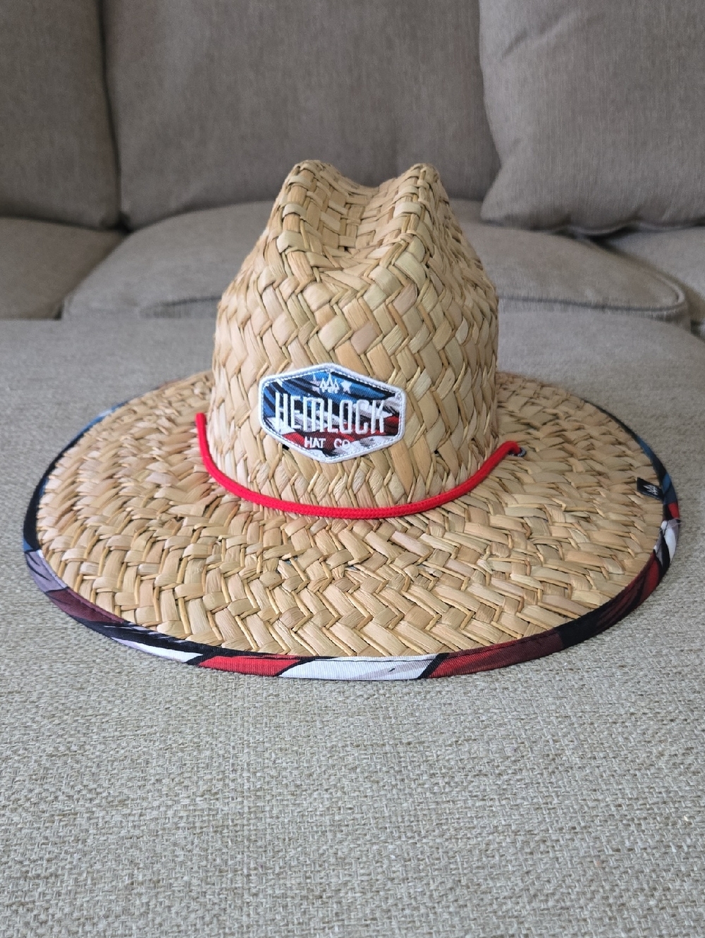 Hemlock Straw Sun Hat with Red Cord and US Flag Patterned Trim